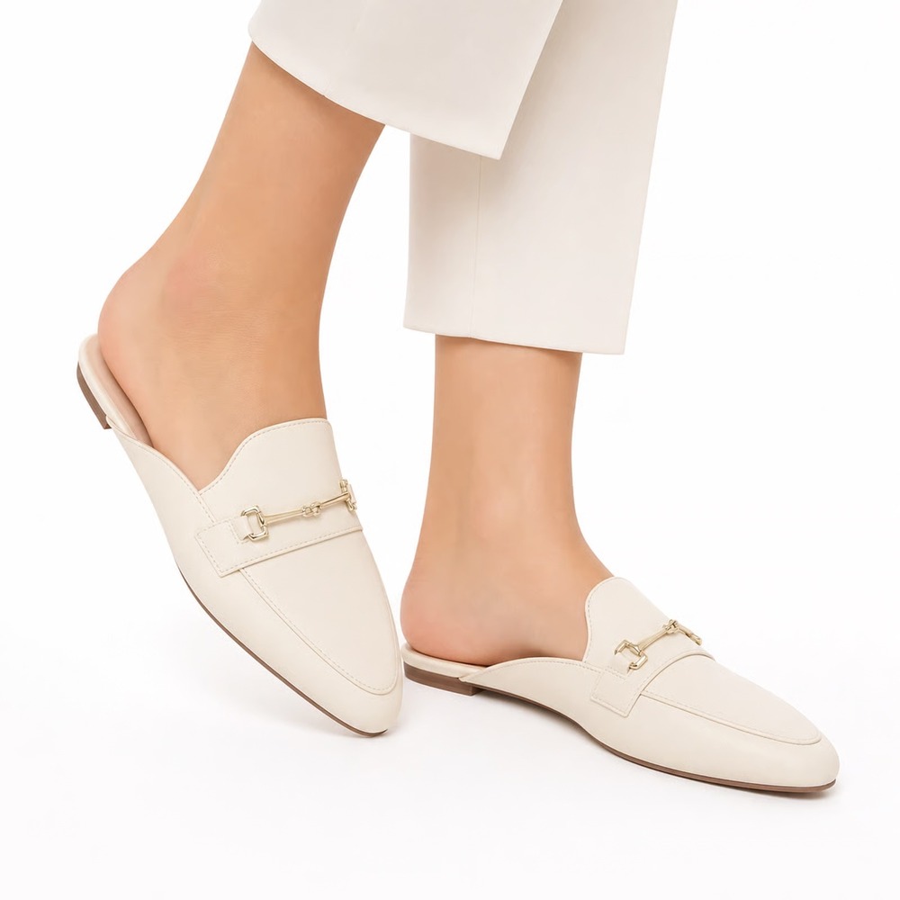 Dream Pairs Cream Slip-On Mule Loafers with Gold Horsebit